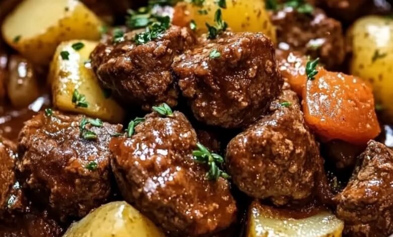 Slow Cooker Garlic Butter Beef Bites & Potatoes