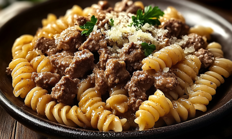 Beef and Rotini in Garlic Parmesan Sauce