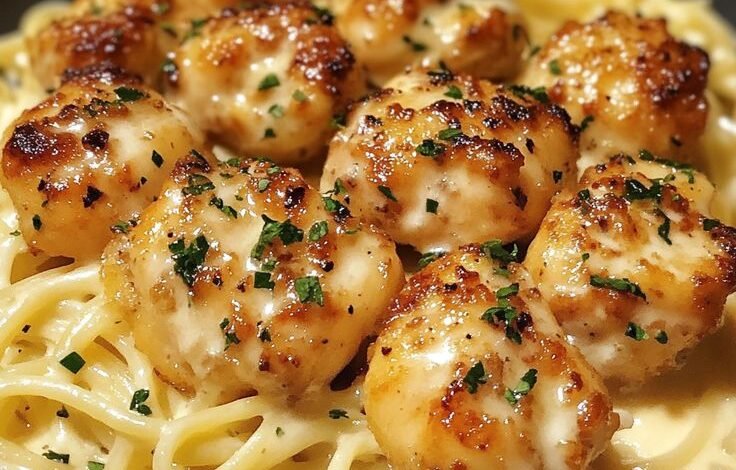 Garlic Butter Chicken Bites With Creamy Parmesan Pasta