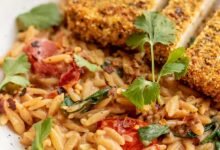 Creamy Tomato Orzo with Crispy Tofu Cutlets