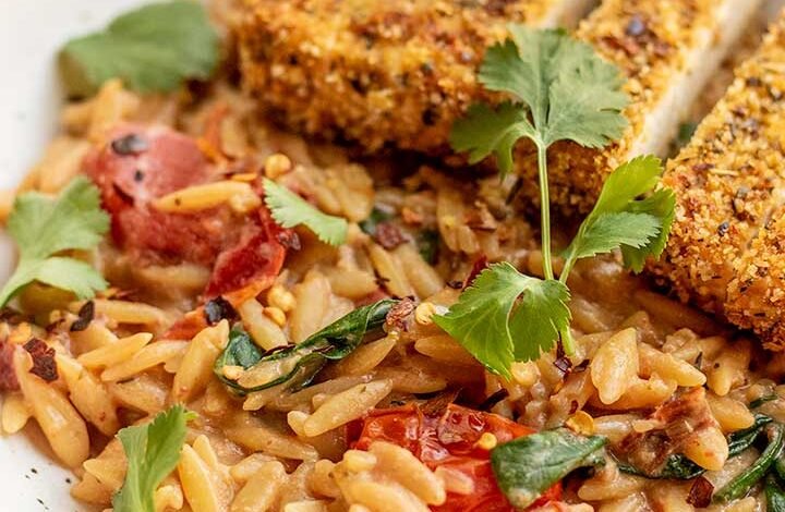 Creamy Tomato Orzo with Crispy Tofu Cutlets