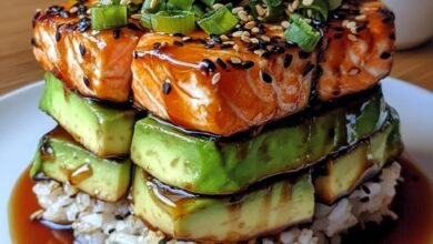 Teriyaki Salmon Avocado Rice Stack