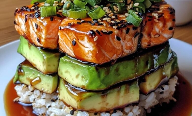 Teriyaki Salmon Avocado Rice Stack