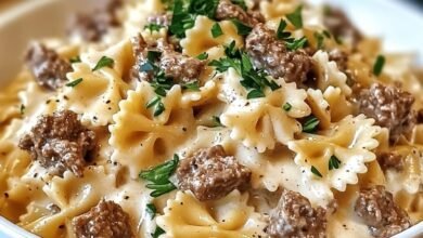 Creamy Beef Bowtie Pasta with Alfredo Sauce Recipe